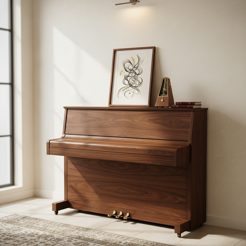 A refined upright piano in dark walnut wood stands against a light, textured wall in a dedicated lesson room, its grain and polished brass pedals clearly visible. On top, a tasteful frame holds an abstract, text‑free certificate‑like artwork symbolizing instructor credentials, rendered with fine lines and gold accents. A metronome and closed music books rest neatly nearby. Soft, diffused overhead lighting combines with cool daylight from a side window, casting gentle shadows that add depth without clutter. Captured from a slightly elevated angle with balanced composition, the entire instrument is in sharp focus while the background softly blurs. The mood is professional and studious, with a sophisticated, educational aesthetic ideal for a piano school presentation.