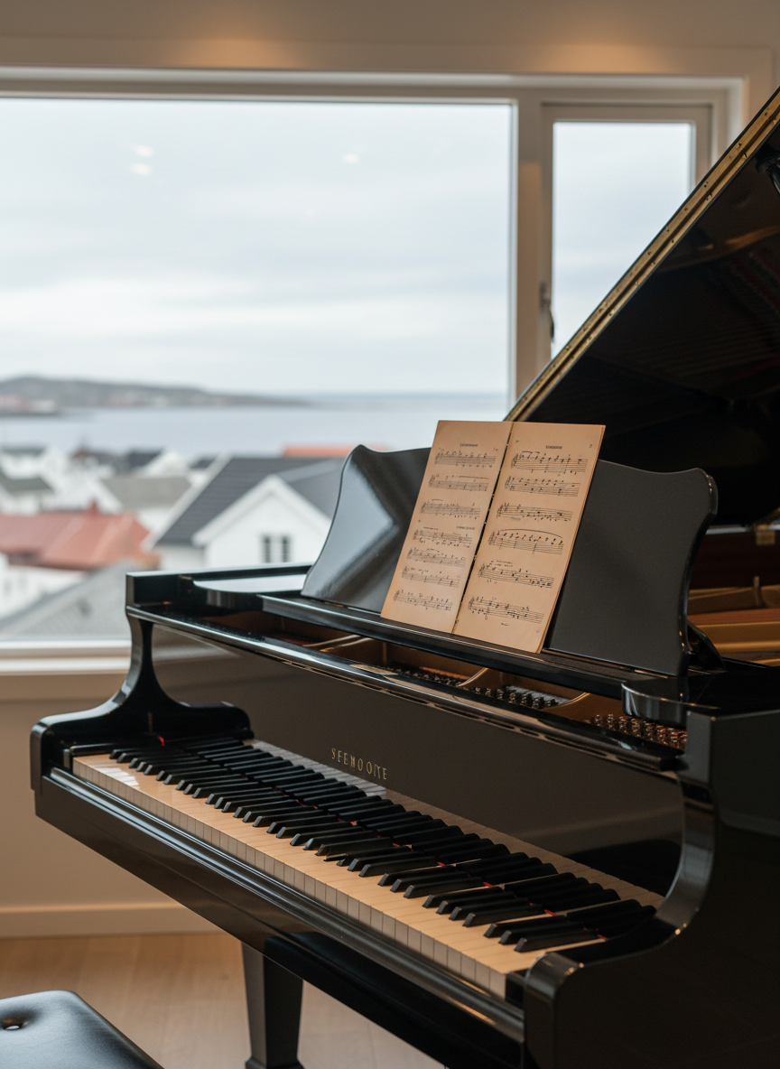 A polished black grand piano with open lid, its glossy surface reflecting soft highlights, stands in an elegant, quiet teaching studio. The keys are pristine ivory and ebony, with a well‑worn sheet music stand centered above them. Behind, a large window reveals a subtle hint of a Norwegian coastal townscape reminiscent of Egersund, with muted roofs and distant water forms, slightly out of focus. Late afternoon natural light streams in, combined with warm ceiling lighting, creating a calm, sophisticated atmosphere. Shot at eye level from the right side of the keyboard, with a shallow depth of field emphasizing the piano’s texture and craftsmanship. The style is clean, modern, and photographic, conveying premium, serious pianoundervisning.