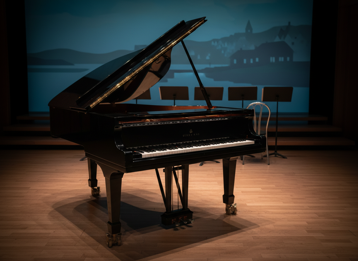 A small recital space featuring a gleaming black grand piano positioned center stage on a polished wooden floor, lid raised to reveal strings and hammers in crisp detail. Behind the instrument, a subtle backdrop suggests a coastal Norwegian town silhouette, evoking Egersund without specific landmarks, rendered as soft, abstract shapes. Discreet music stands and an empty chair shape in the background hint at student performances, but no figures are present. Warm stage spotlights wash over the piano, creating dramatic reflections and a focused pool of light, while the audience area remains in soft shadow. Photographed from a low, three‑quarter angle with cinematic realism, the mood is anticipatory, refined, and concert‑like, emphasizing high‑quality student recitals.