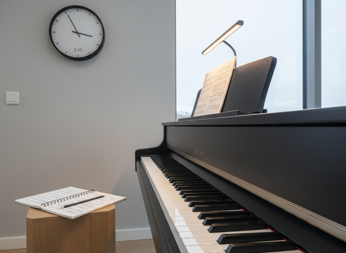 A modern practice room setting with a sleek digital piano in matte black finish, keys and control panel sharply defined, placed against a calm, pale gray wall. To one side, a simple wall clock suggests weekday afternoon lesson times, and an open notebook with neatly ruled staves sits on a minimalist side table. A large window lets in cool, overcast Scandinavian light, casting soft, even illumination across the keyboard, while a subtle desk lamp adds a warm accent on the music stand. Shot from above at a gentle diagonal, the composition uses leading lines of the keys to draw the eye inward. The atmosphere is focused yet welcoming, conveying structured after‑school piano lessons in a contemporary educational environment.