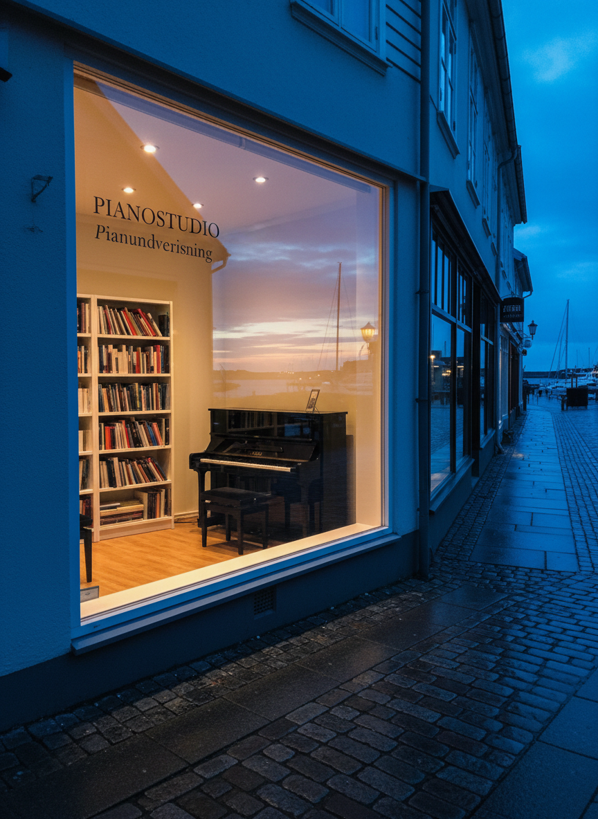 An atmospheric coastal‑town evening scene where the primary subject is a warmly lit piano studio seen through a large street‑level window. Inside, a glossy upright piano and orderly rows of music books are clearly visible, illuminated by soft golden interior lighting. Outside, the cobblestone street, understated shopfronts, and hints of harbor in the distance subtly suggest Egersund without detailed signage or text. Cool blue dusk light contrasts with the warm studio glow, creating an inviting, sophisticated ambiance. Captured from a slight angle across the street, with reflections on the glass adding depth, the image blends urban Norwegian character with the promise of dedicated pianoundervisning in an intimate, high‑quality setting.
