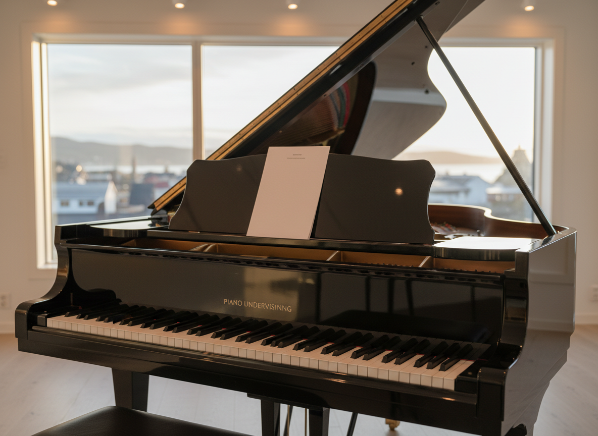 A polished black grand piano with open lid, its glossy surface reflecting soft highlights, stands in an elegant, quiet teaching studio. The keys are pristine ivory and ebony, with a well‑worn sheet music stand centered above them. Behind, a large window reveals a subtle hint of a Norwegian coastal townscape reminiscent of Egersund, with muted roofs and distant water forms, slightly out of focus. Late afternoon natural light streams in, combined with warm ceiling lighting, creating a calm, sophisticated atmosphere. Shot at eye level from the right side of the keyboard, with a shallow depth of field emphasizing the piano’s texture and craftsmanship. The style is clean, modern, and photographic, conveying premium, serious pianoundervisning.