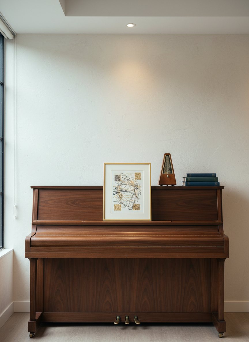 A refined upright piano in dark walnut wood stands against a light, textured wall in a dedicated lesson room, its grain and polished brass pedals clearly visible. On top, a tasteful frame holds an abstract, text‑free certificate‑like artwork symbolizing instructor credentials, rendered with fine lines and gold accents. A metronome and closed music books rest neatly nearby. Soft, diffused overhead lighting combines with cool daylight from a side window, casting gentle shadows that add depth without clutter. Captured from a slightly elevated angle with balanced composition, the entire instrument is in sharp focus while the background softly blurs. The mood is professional and studious, with a sophisticated, educational aesthetic ideal for a piano school presentation.