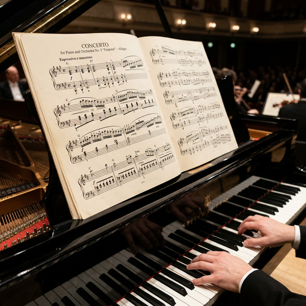 Hands playing piano keys with concerto sheet music on stand